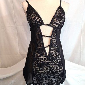 NWT Nightie Teddie Sexy Black Lace Sheer Adult Lingerie Lace Thong Set Medium